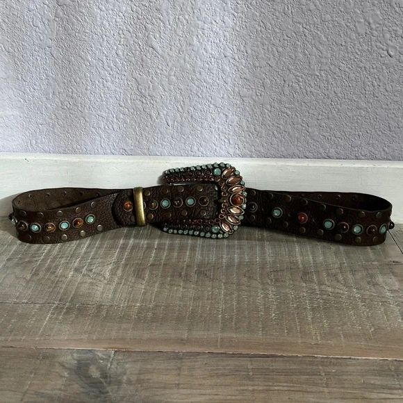 Cool Leatherock Brown Leather Belt w/ Gems, Brass  display picture 2